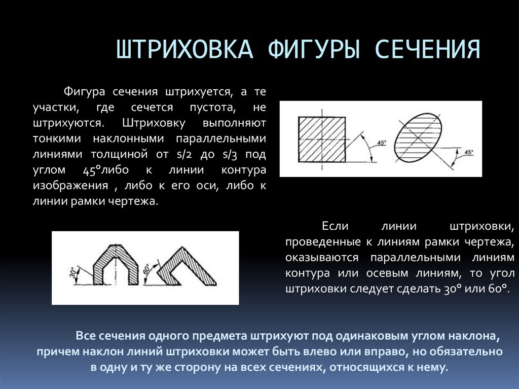 До какой линии проводится штриховка при изображении резьбы в отверстии в разрезах и сечениях